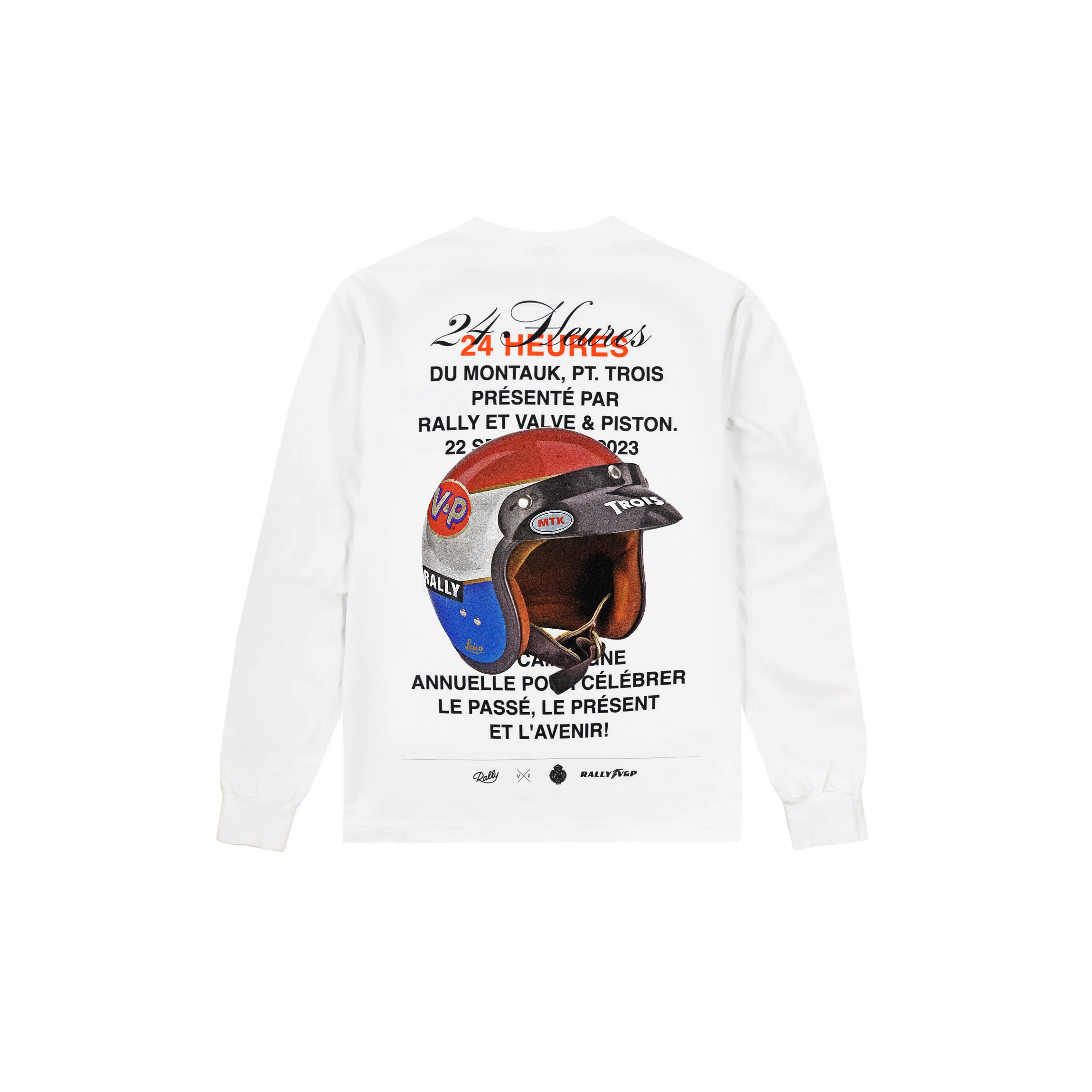 White long sleeve tee with screen printed design in the back featuring the title 24 Heures du Montauk, Pt. Trois + a vintage drivers helmet.