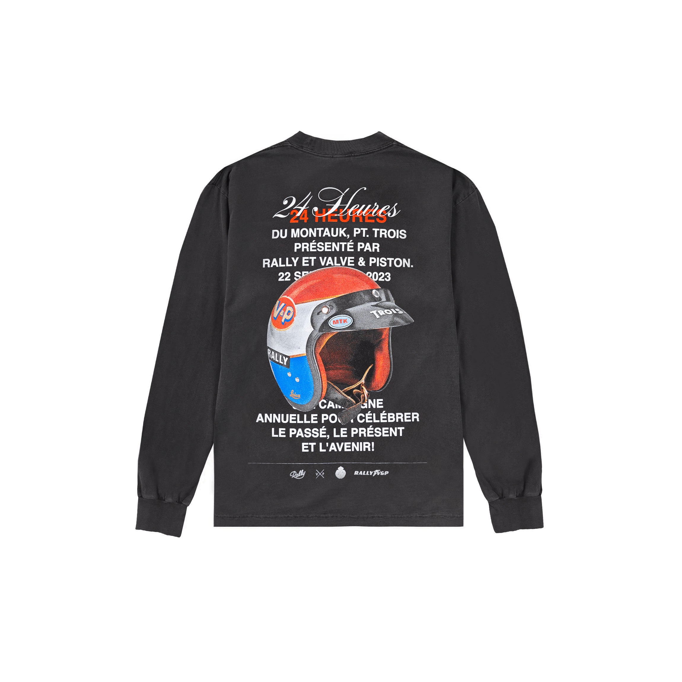 Vintage black long sleeve tee with screen printed design in the back featuring the title 24 Heures du Montauk, Pt. Trois + a vintage drivers helmet.